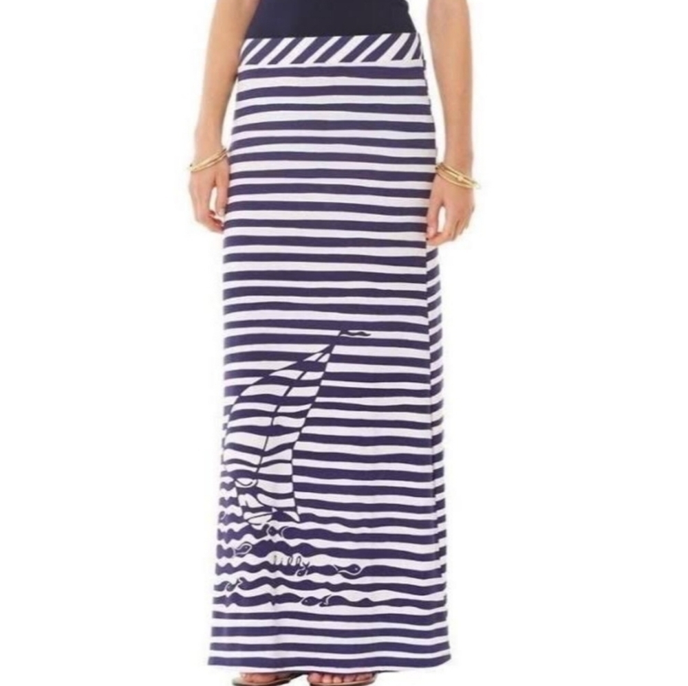 Lilly Pulitzer Marnie Maxi Skirt Navy Shite Stripe Sailboat size Small‎